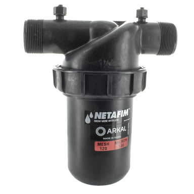 Front view of Netafim DF150-120 1.5 in manual disc filter showing red housing, inlet and outlet ports, and top access cap for maintenance.