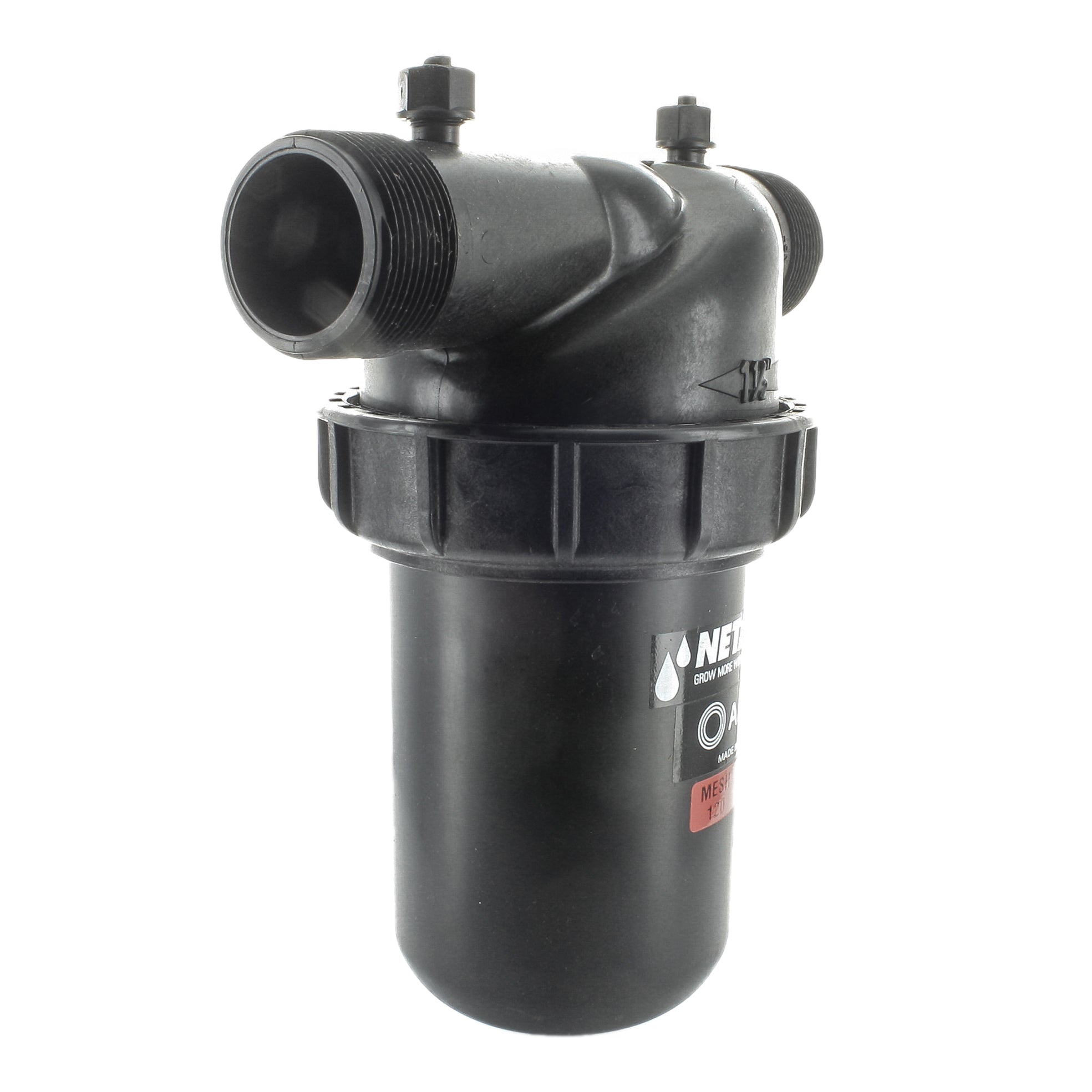Side angle of Netafim DF150-120 disc filter highlighting the threaded 1.5 in MPT connection and stacked color-coded filter rings for 120 mesh.