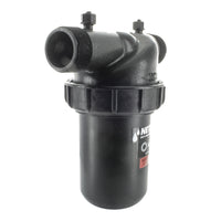 Side-angle photo of Netafim DF150-080 manual disc filter highlighting the stackable disc assembly, yellow color-coded rings and durable body construction.