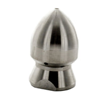 Underhill DrainBlaster stainless steel nozzle, front view showing single cutting jet and hose‑thread inlet connection, close detail.