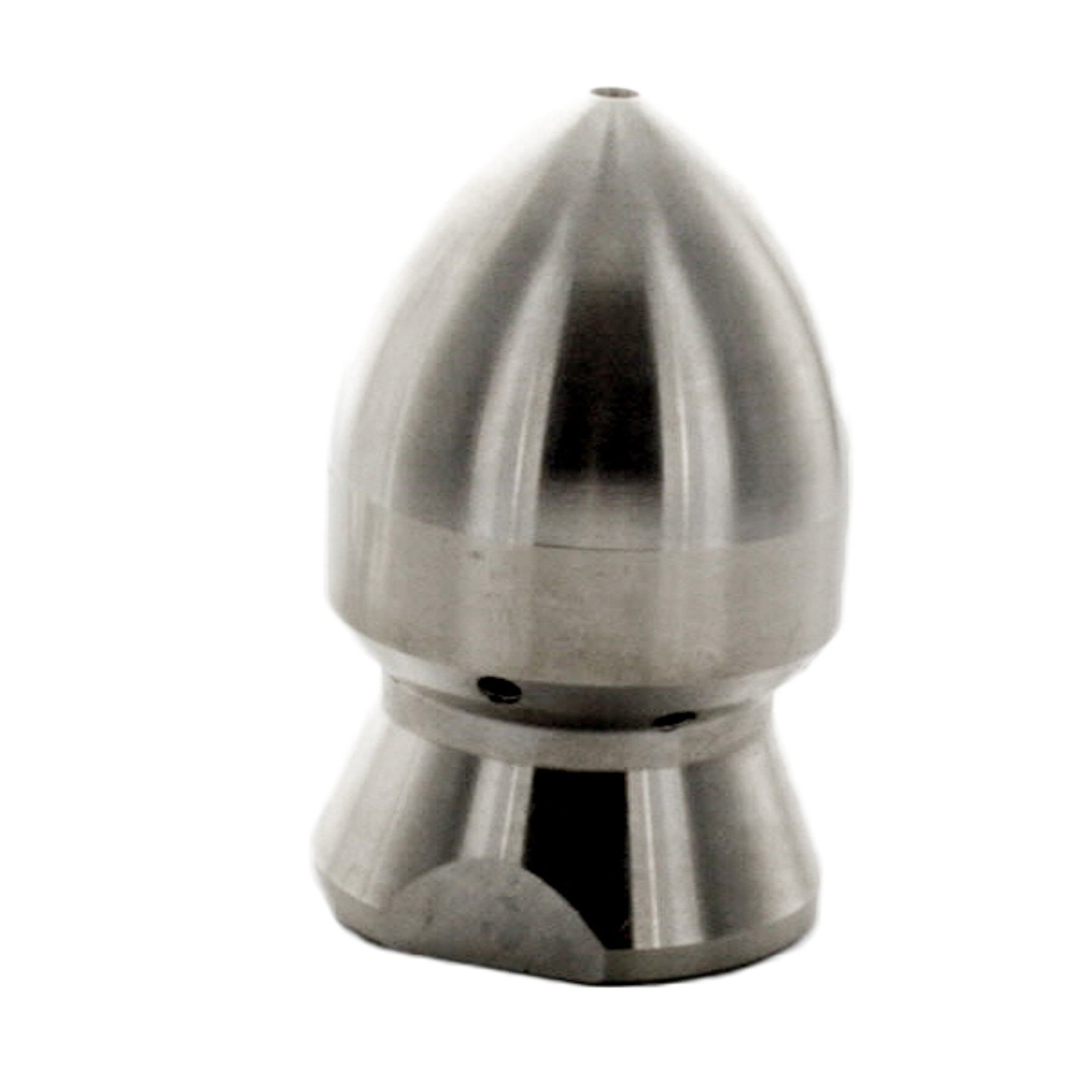 Underhill DrainBlaster stainless steel nozzle, front view showing single cutting jet and hose‑thread inlet connection, close detail.