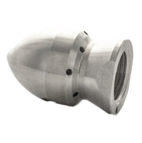 Side profile of DrainBlaster nozzle showing rear jet ports and heat‑treated 303 stainless steel body with hose‑thread inlet.