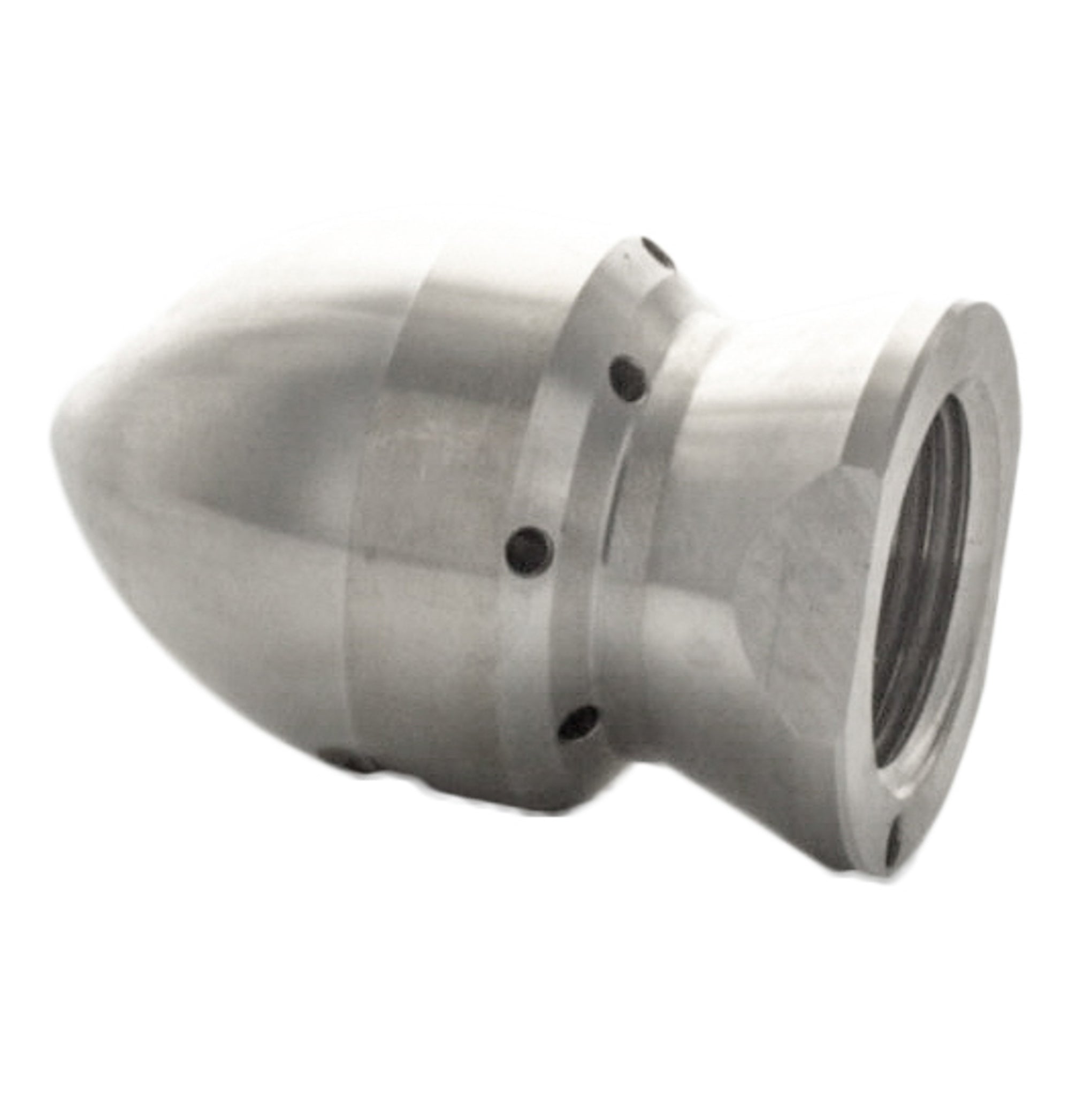 Side profile of DrainBlaster nozzle showing rear jet ports and heat‑treated 303 stainless steel body with hose‑thread inlet.