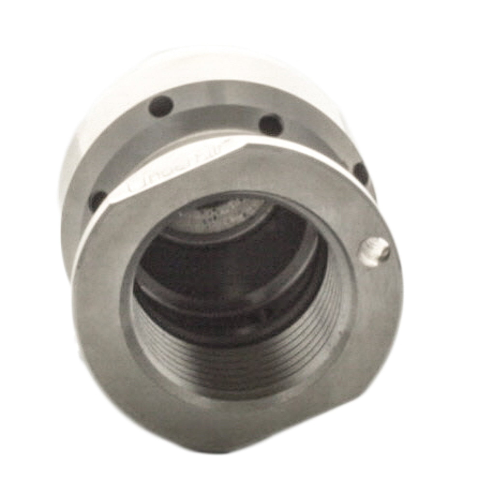 Top and inlet view of DrainBlaster nozzle showing female hose thread fitting and robust stainless steel construction for field use.