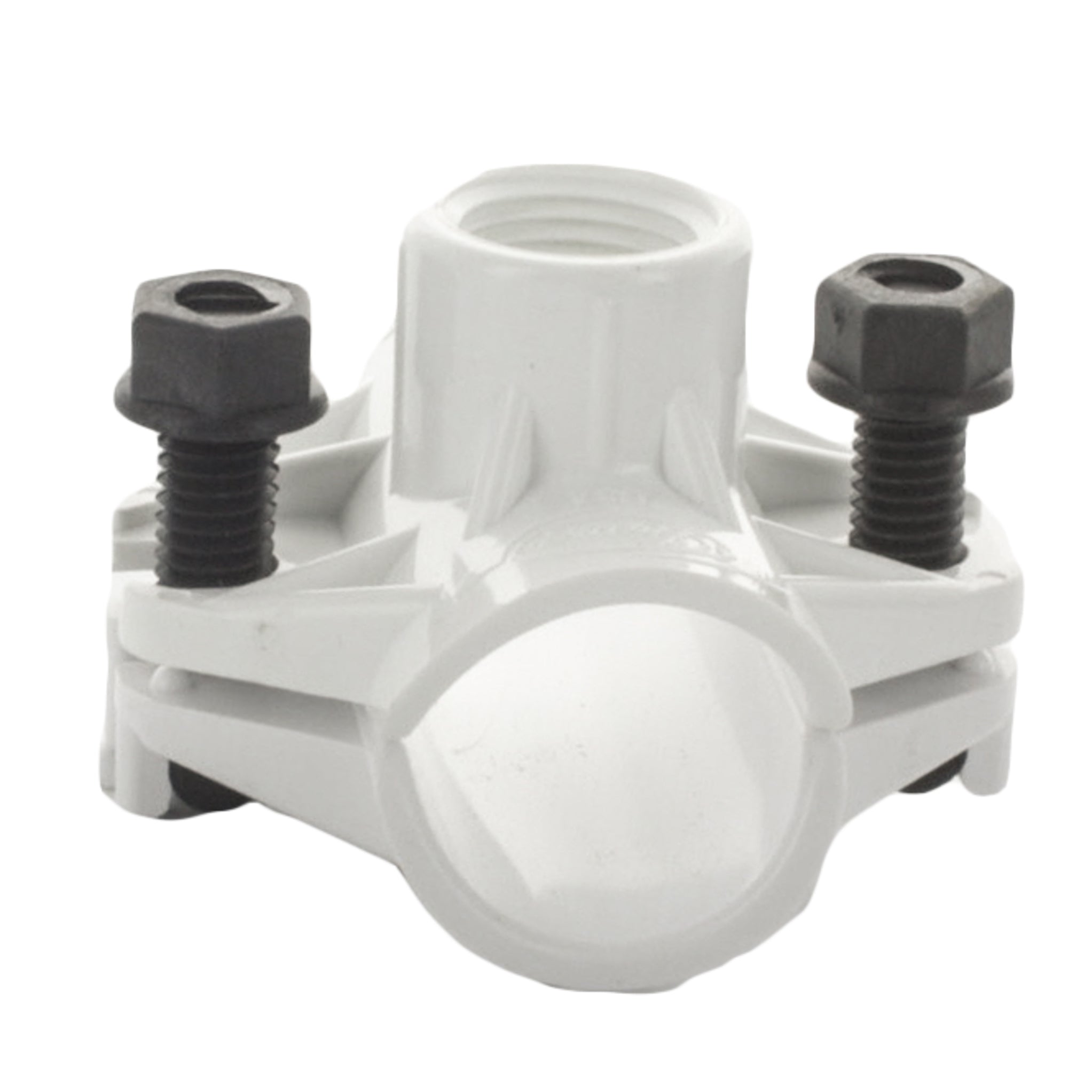 Side profile of KwikSeal DST1x1/2 saddle tee showing low-profile fit and molded barb interface for secure polyethylene pipe connection.