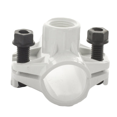 Close-up of KwikSeal saddle tee body and T-bolt assembly showing glass-reinforced nylon nut and molded barb sealing surface.