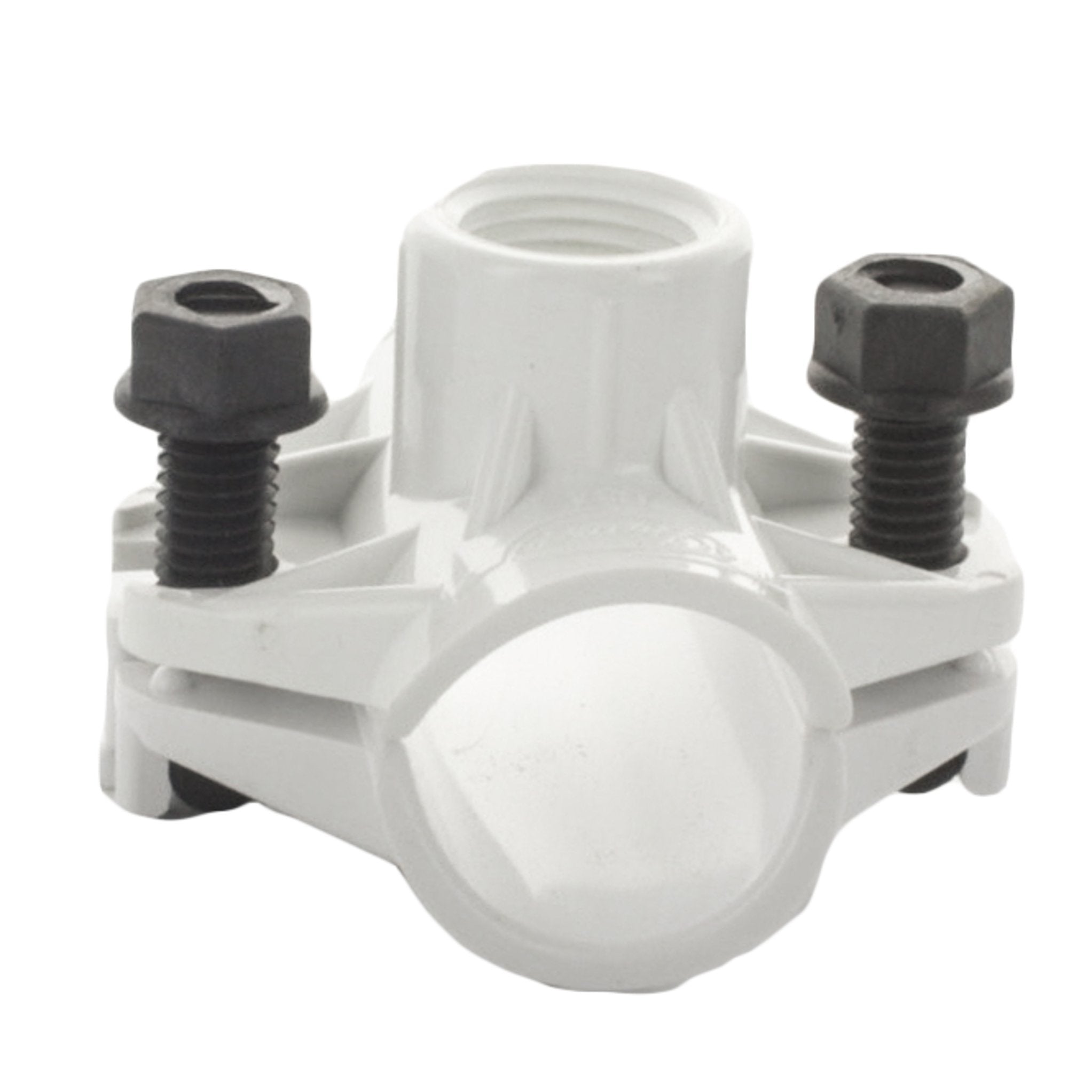 Side-angle view of Dawn KwikSeal DST1X3/4 saddle tee showing low-profile body, fiberglass-reinforced nylon T-bolt and molded barb seal detail.