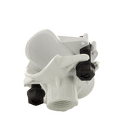 Close-up of T-bolt and nut on DST1x1/2 saddle tee; T-bolt and nut are fiberglass-reinforced nylon to resist corrosion and maintain clamp force.