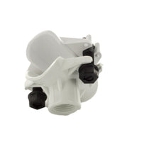 Angled image of the KwikSeal 1-1/4" x 1/2" FPT saddle tee highlighting the outlet thread and reinforced T-bolt hardware.