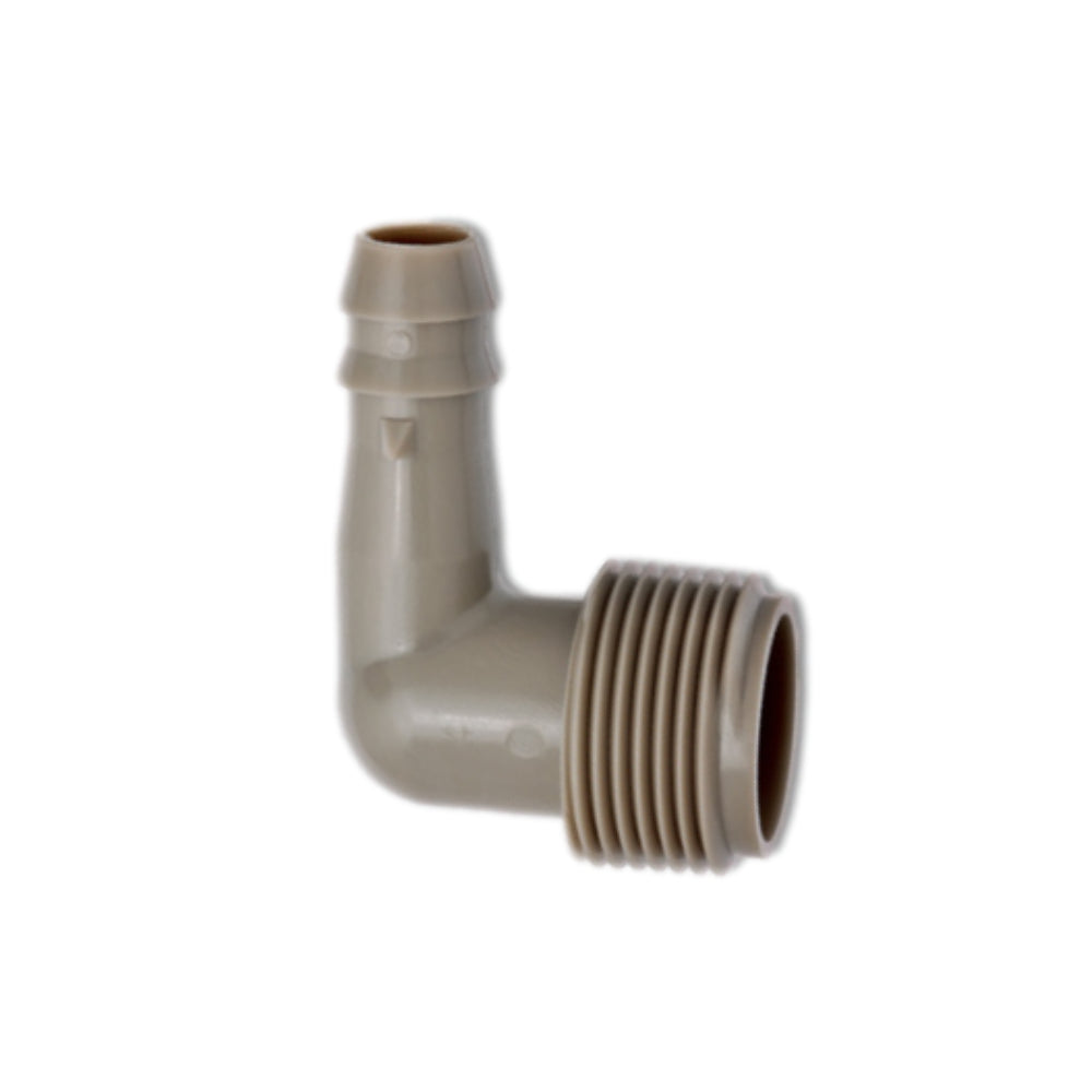 Front view of Dawn Industries KwikAdapt 3/4-inch MPT x swing elbow irrigation fitting in black polymer on white background.