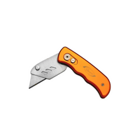 Close-up of Dawn KwikCut UK200 folding utility knife with metal pocket clip, blade folded safely into the handle.