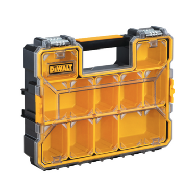 Front view of DeWALT DWST14825 Deep Pro organizer showing clear impact-resistant lid, ten compartments, and anti-rust metal latches for secure closure.