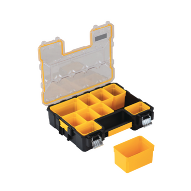 Top-angle view of DeWALT DWST14825 with removable cups installed to sort screws and small fasteners; integrated carry handle visible for transport.