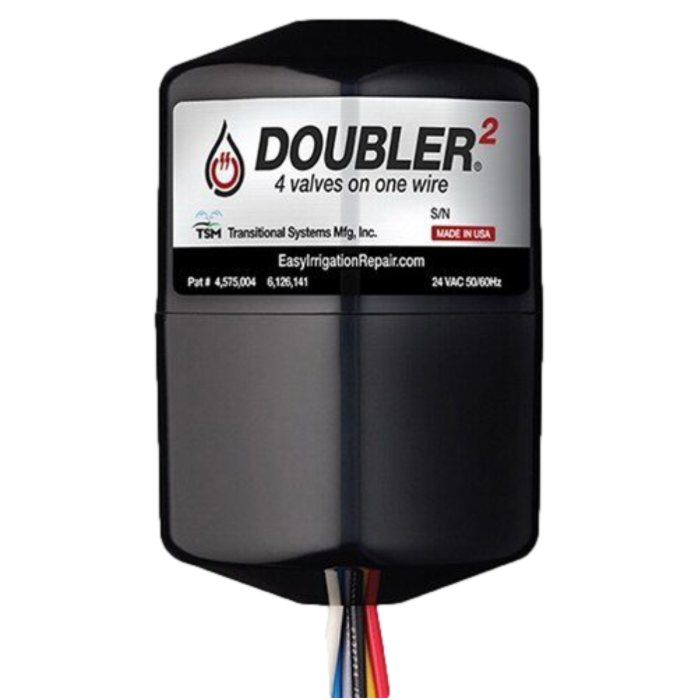 Compact TSM Doubler unit pictured with multi-colored output wires, illustrating small 4 inch tall waterproof enclosure for valve boxes.