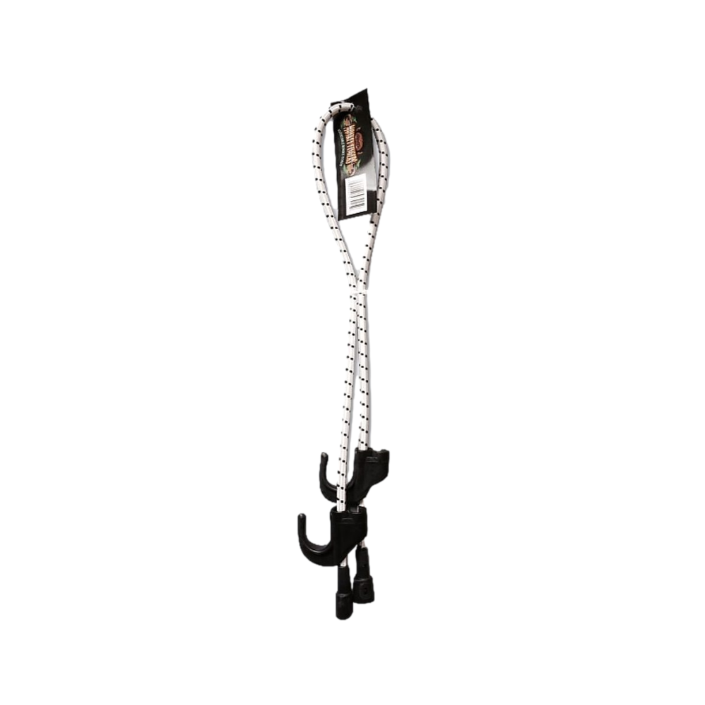 White 39-inch Monkey Fingers adjustable bungee cord showing patented adjustable hook and nylon-wrapped marine-grade core.