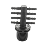 Netafim EDTUBE8XMT 1/2" MPT to 8-way micro-tubing adapter, front view showing eight barbed outlets and threaded inlet, on white background.