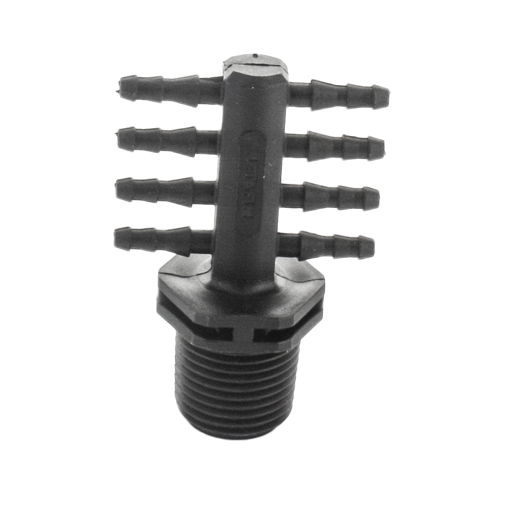 Netafim EDTUBE8XMT 1/2" MPT to 8-way micro-tubing adapter, front view showing eight barbed outlets and threaded inlet, on white background.