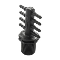Angled close-up of Netafim EDTUBE8XMT adapter highlighting the molded barbed outlets and UV-resistant plastic finish for outdoor use.