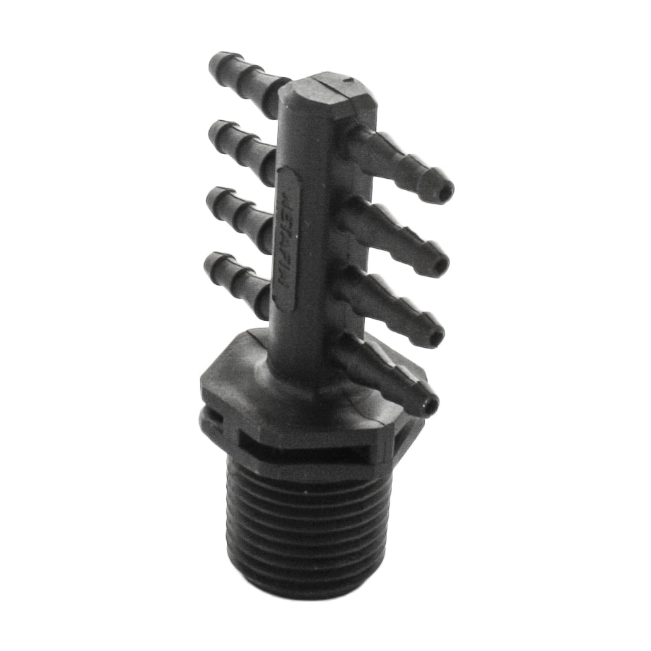 Angled close-up of Netafim EDTUBE8XMT adapter highlighting the molded barbed outlets and UV-resistant plastic finish for outdoor use.