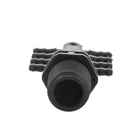 Side view of Netafim EDTUBE8XMT 1/2" MPT to 8-way micro manifold showing inlet threads and evenly spaced barbed fittings.