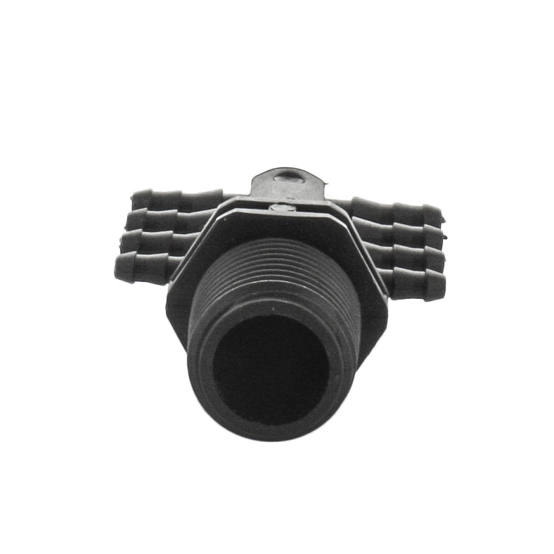 Side view of Netafim EDTUBE8XMT 1/2" MPT to 8-way micro manifold showing inlet threads and evenly spaced barbed fittings.