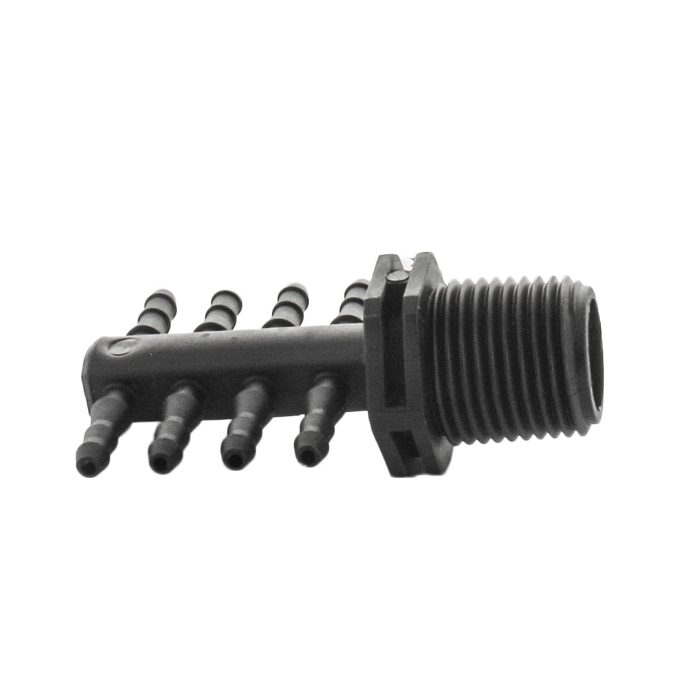 Top-down view of Netafim EDTUBE8XMT adapter displaying layout of eight barbed outlets, suitable for connecting 1/4" micro-tubing runs.