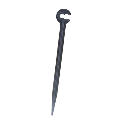 Netafim black 1/4-inch micro-tubing stake on white background showing full stake profile and barbed holding feature.