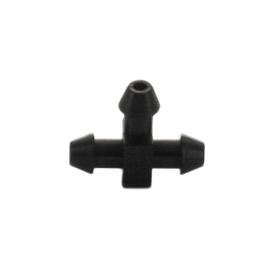 Front-angle close-up of Netafim EDTUBETEE 5mm barbed tee showing three barbed outlets and compact body for 1/4" micro tubing installation and secure fit.