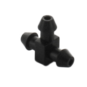 Side view of Netafim EDTUBETEE 5mm barbed tee highlighting barbed connection detail and low-profile design for tight planter and greenhouse installations.