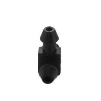 Close-up of the barbed end on the Netafim EDTUBETEE showing the ribbed barb geometry that secures 1/4" micro tubing without clamps or adhesives.