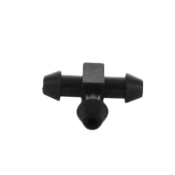 Netafim EDTUBETEE 5mm barbed tee photographed against white background to show overall shape, three-way junction and compact footprint for micro irrigation.