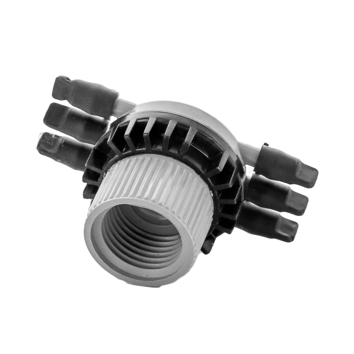 Top-down view of Rain Bird EMT6XERI showing the arrangement of six outlets and molded plastic body for outdoor drip irrigation.