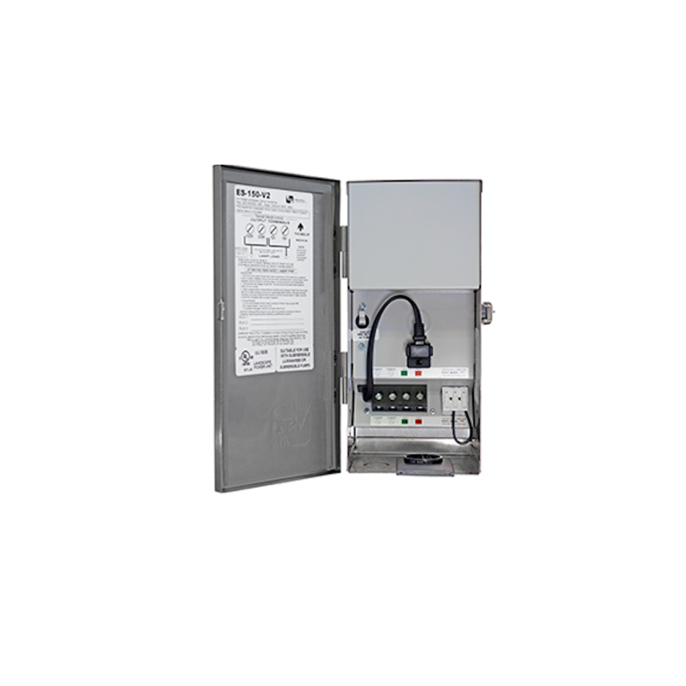 Open view showing Vista ES-150T low-voltage terminal strip with dual 12V and 15V taps and adjustable cable raceway for wiring.