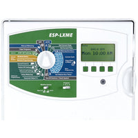 Front view of Rain Bird ESP-LXME 8-station irrigation controller in locking UV-resistant plastic wall-mount enclosure showing display and dial