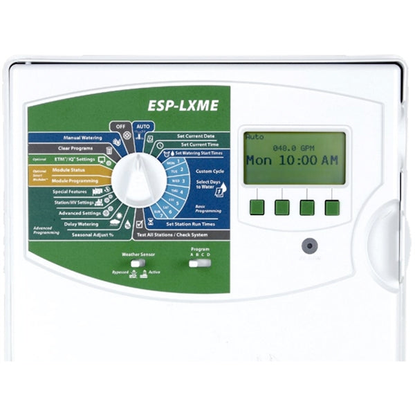 Front view of Rain Bird ESP-LXME 8-station irrigation controller in locking UV-resistant plastic wall-mount enclosure showing display and dial