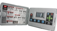 Front view of Toro EVO-4ID indoor EVOLUTION controller showing backlit LCD, control buttons, and hinged door for indoor installation.