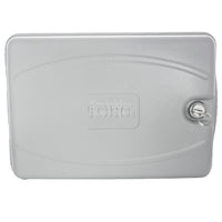 Side-angle photo of Toro EVO-4OD outdoor controller illustrating compact 7.75 by 11.25 by 4.5 inch footprint and hinged cover.
