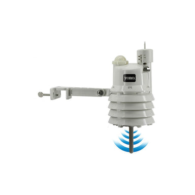 Close-up of Toro EVO-WS wireless ET weather sensor housing and antenna, showing mounting bracket and sensor face