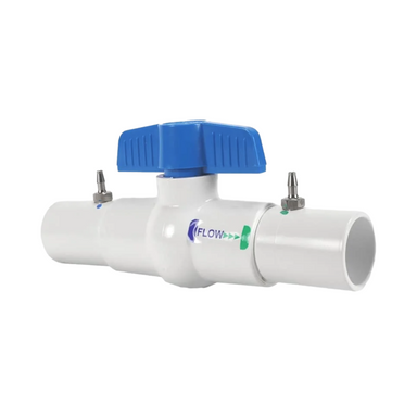 Front view of EZ-FLO ball valve coupling connector in Schedule 40 PVC showing integrated ball valve and 1/4-inch barbed tubing port.
