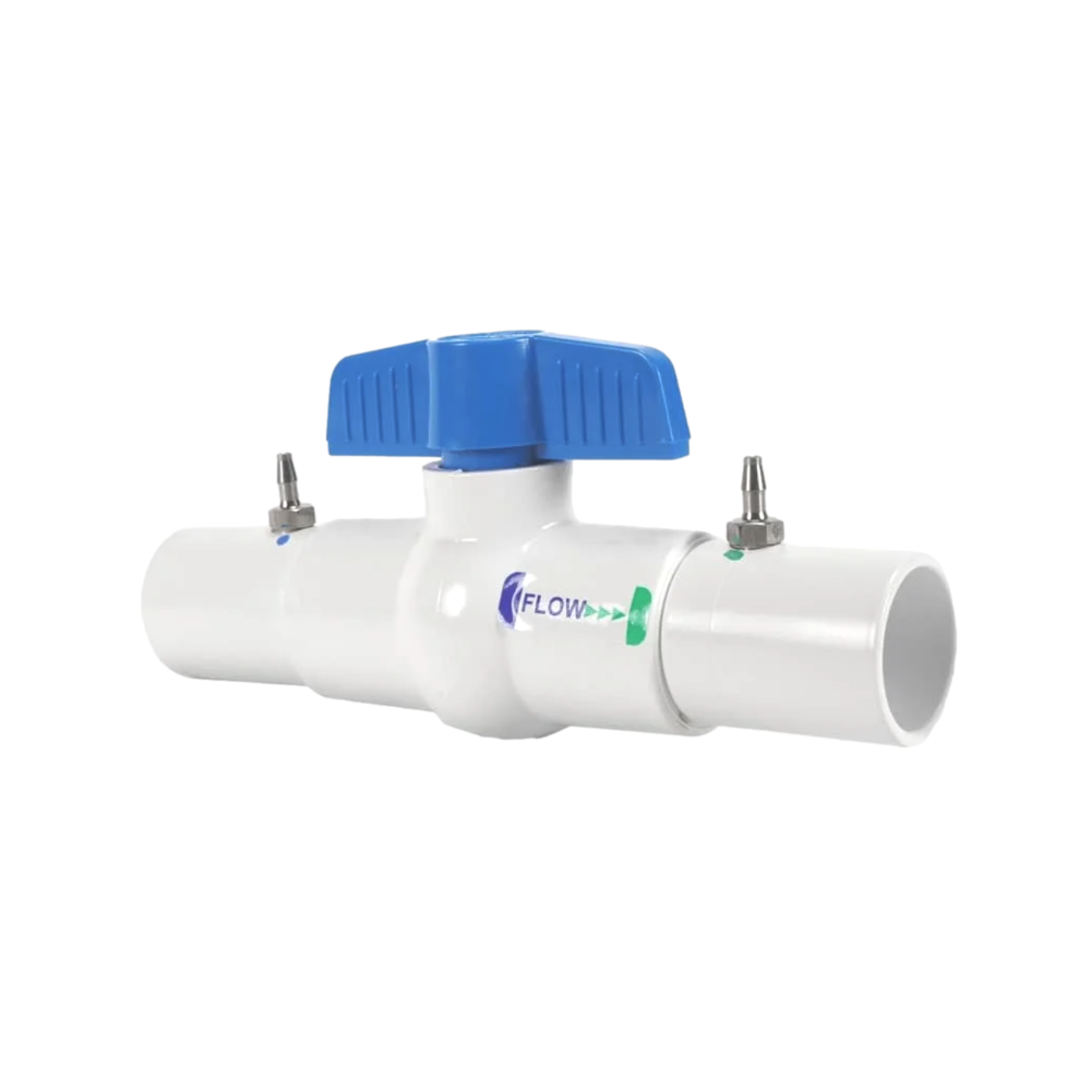Side view of EZ-FLO coupling with ball valve, socket x socket fitting designed for solvent-weld installation into PVC irrigation mains.