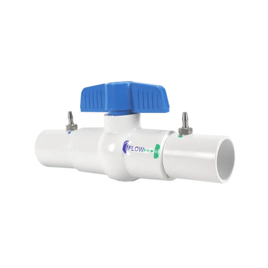Side view of EZ-FLO coupling with ball valve, socket x socket fitting designed for solvent-weld installation into PVC irrigation mains.