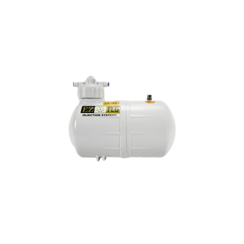 EZ-FLO Main-Line 1.5 gallon injection tank with proportioning cap and clear feed tubing, front view showing filler cap and outlet tubing.