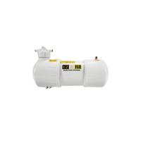 EZ-FLO Main-Line 2.5 gallon dispensing tank with mixing cap and attached tubing, side view showing feed connections and cap detail.