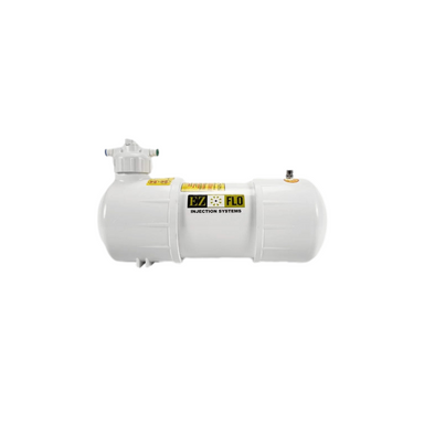 EZ-FLO Main-Line 2.5 gallon dispensing tank with mixing cap and attached tubing, side view showing feed connections and cap detail.