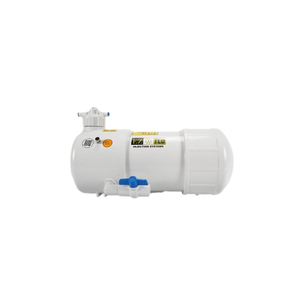 EZ-FLO Main-Line 4.5 gallon dispensing tank with proportioning cap and tubing, angled photo highlighting larger tank capacity and fittings.