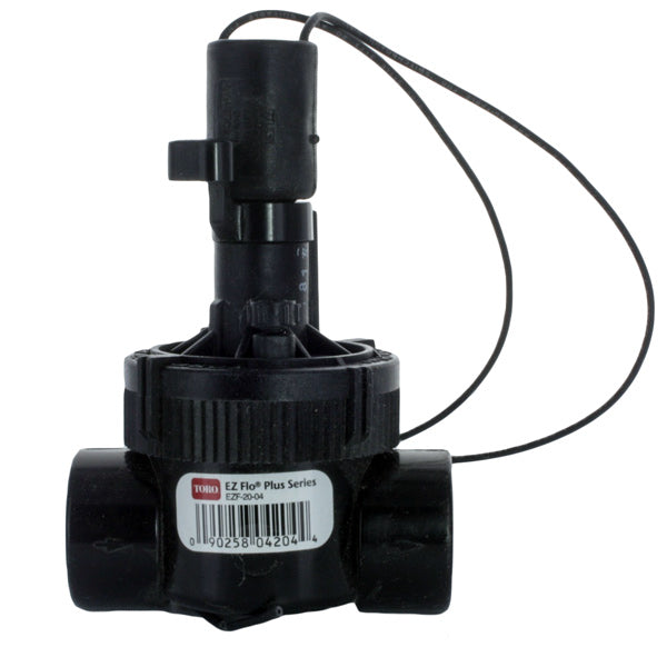 Toro EZ-Flo EZF-20-04 1-inch electric irrigation valve front view; plastic jar-top body, slip x slip inlet, visible flow-control knob.