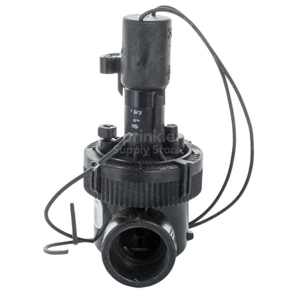 Side-angle of Toro EZ-Flo 1" female NPT valve showing inlet threads, body profile and stainless steel metering components.