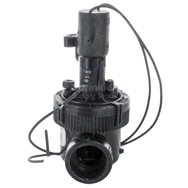 Toro EZF-20-04 side view showing 1-inch slip x slip connections and jar-top design; wired solenoid housing and flow-control adjuster visible.