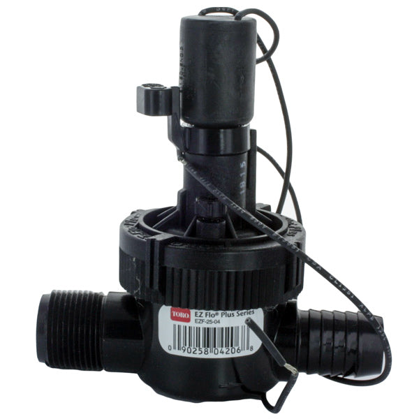 Front view of Toro EZF-25-04 1-inch jar-top electric irrigation valve showing male inlet and flow-control knob.