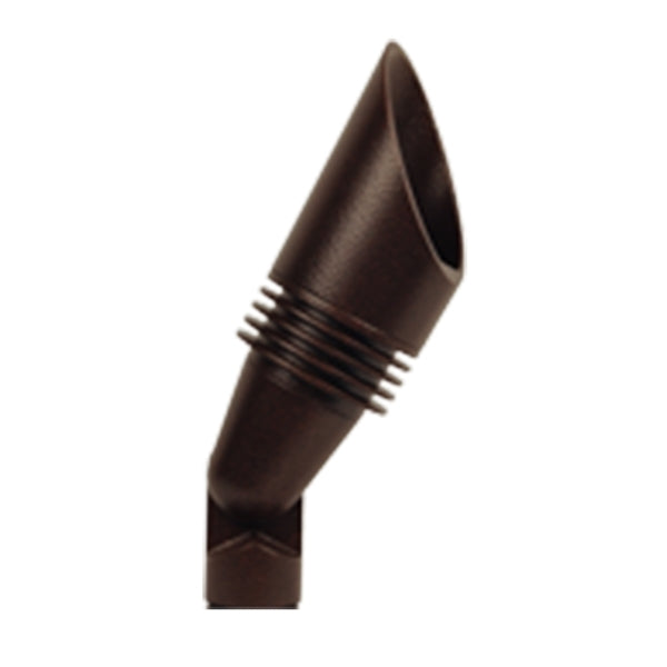 Front view of FX FB 3LED uplight in bronze metallic finish mounted on Super Slot spike, showing die-cast aluminum body and tempered glass lens.